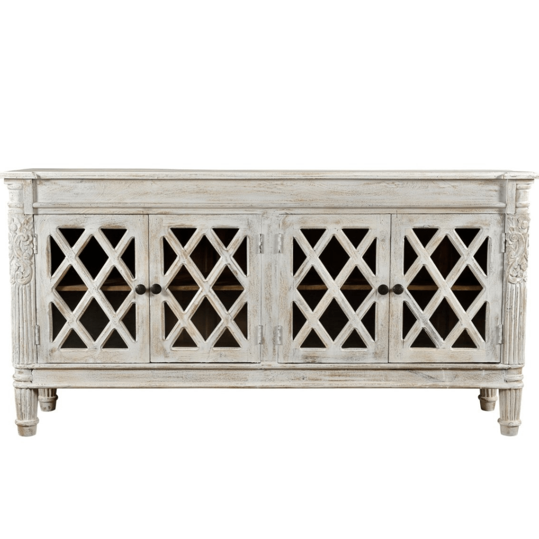 White Jaipur Buffet avec 4 portes en verre - Rustic Furniture Outlet