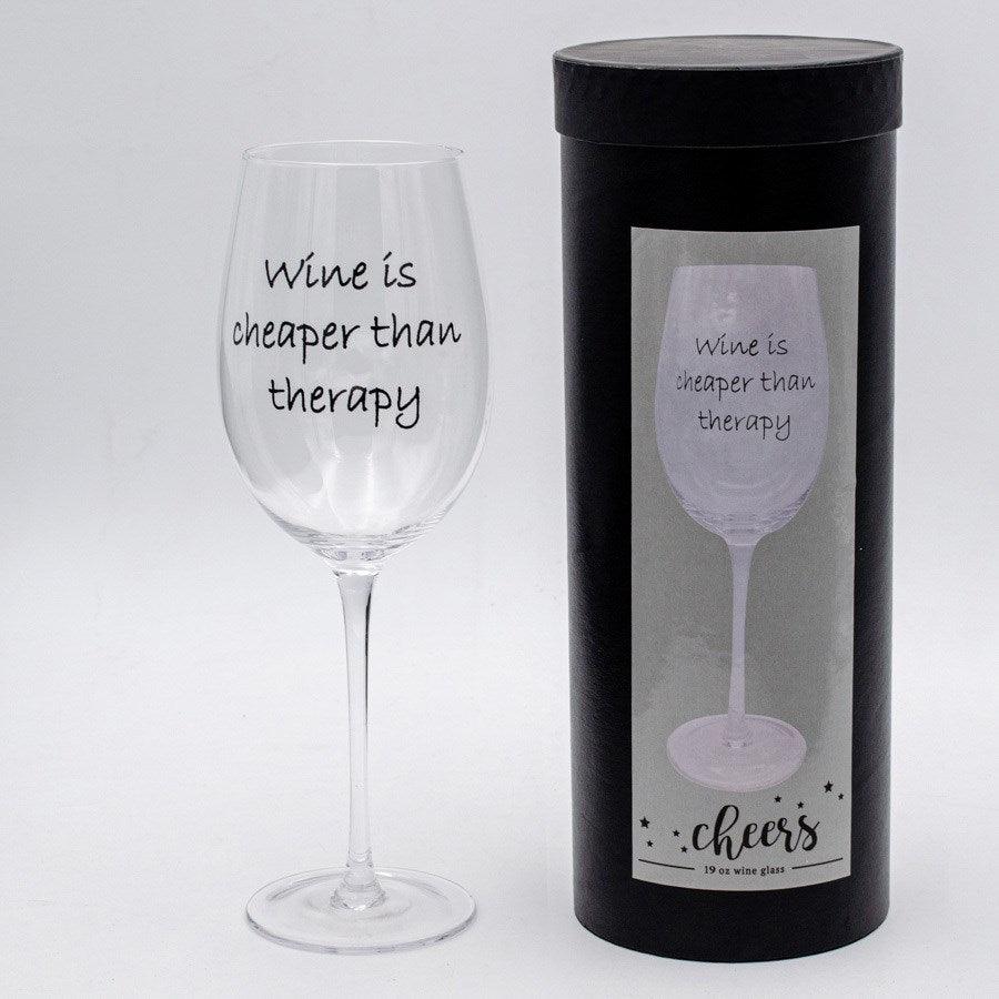 19 oz wine glass - wine is cheaper than therapy with gift box - Rustic Furniture Outlet