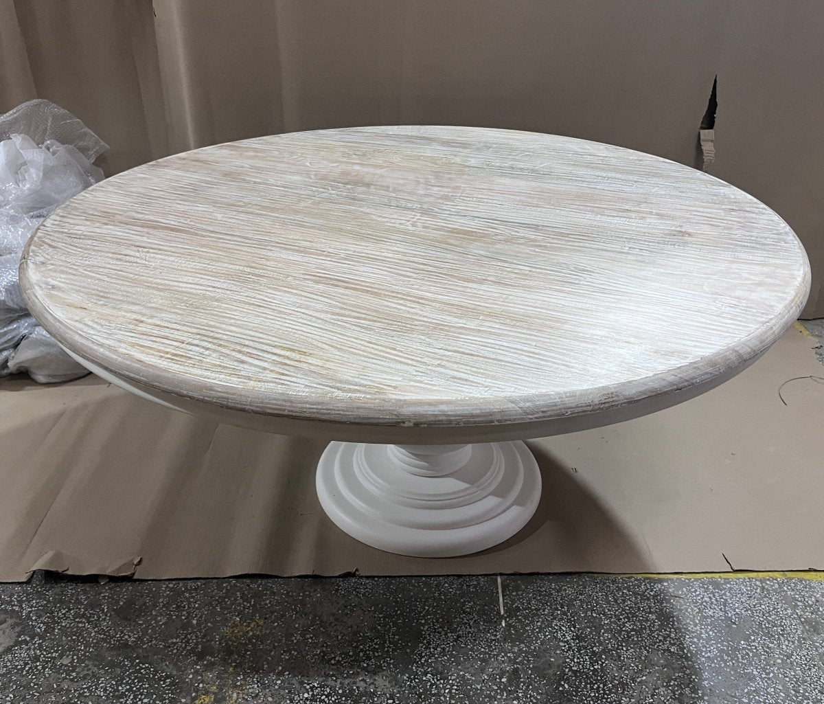 60 inch Elisa round country white pedestal dining table - Rustic Furniture Outlet