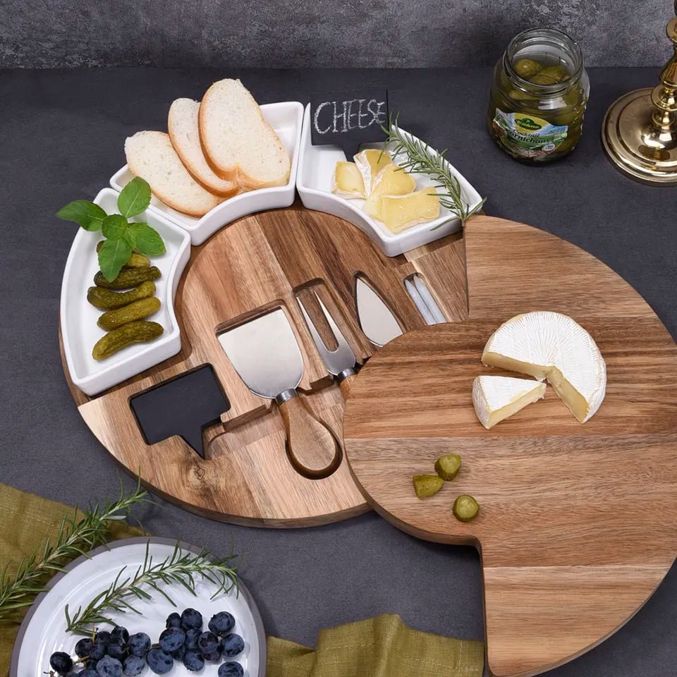 Acacia Charcuterie Cheese Board Set with Ceramic Bowls and Knives - Rustic Furniture Outlet