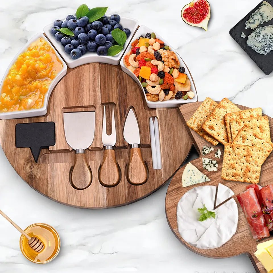 Plateau à Fromage Charcuterie Acacia avec Bols et Couteaux en Céramique - Rustic Furniture Outlet