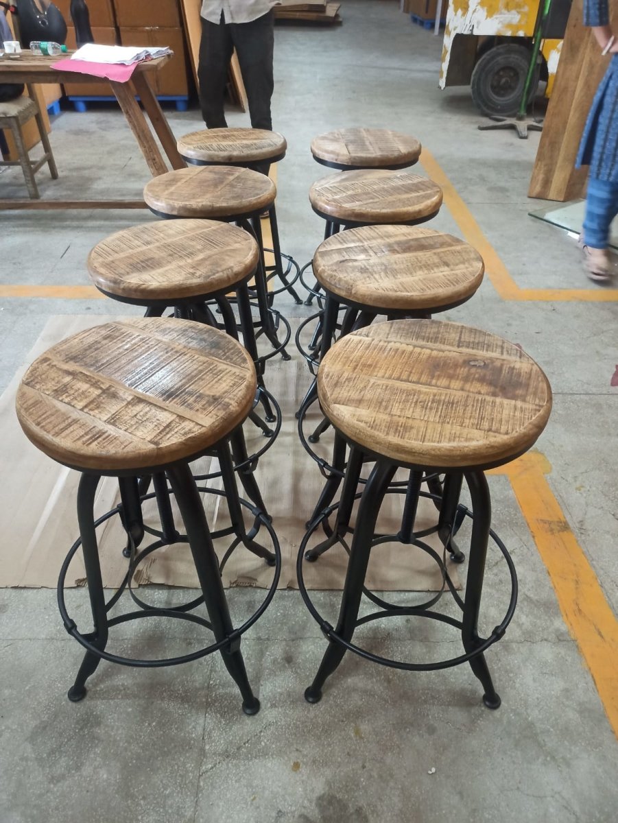 Adjustable Mango Wood Industrial Stool - Rustic Furniture Outlet