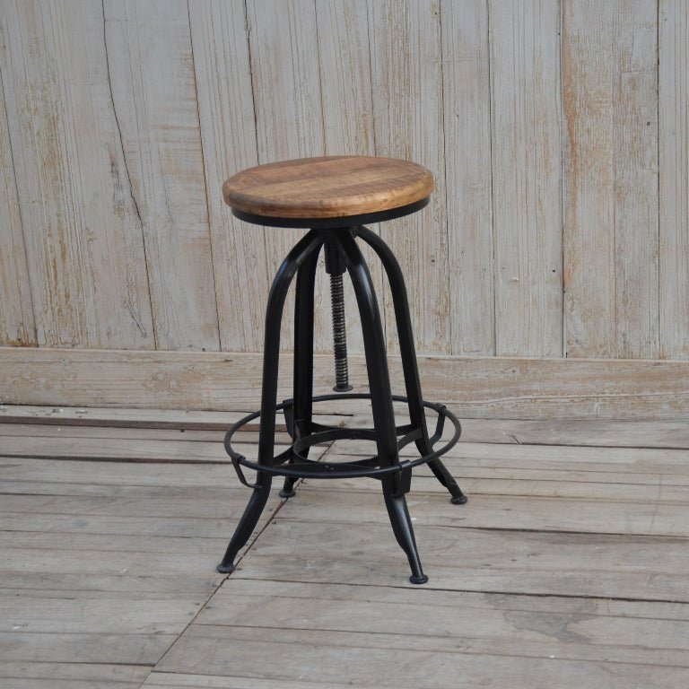 Adjustable Mango Wood Industrial Stool - Rustic Furniture Outlet