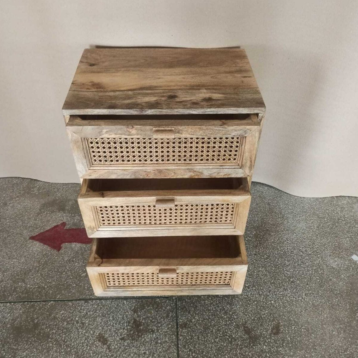 Alena Cane 3 drawer night stand - Rustic Furniture Outlet