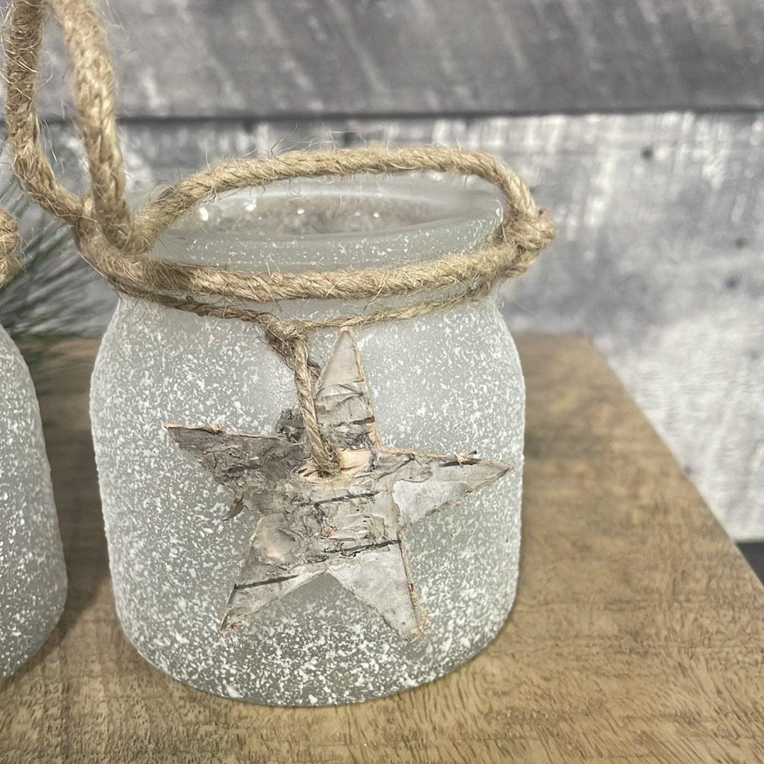 Assorted Frosty holiday jar with jute - Rustic Furniture Outlet