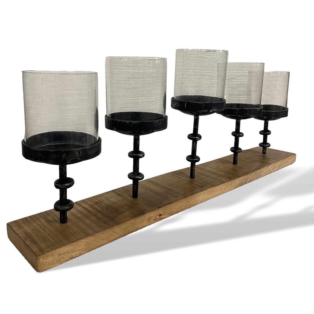 Decorative 5 Glass Votive Candle Holder Centerpiece on wood base - Rustic Furniture Outlet