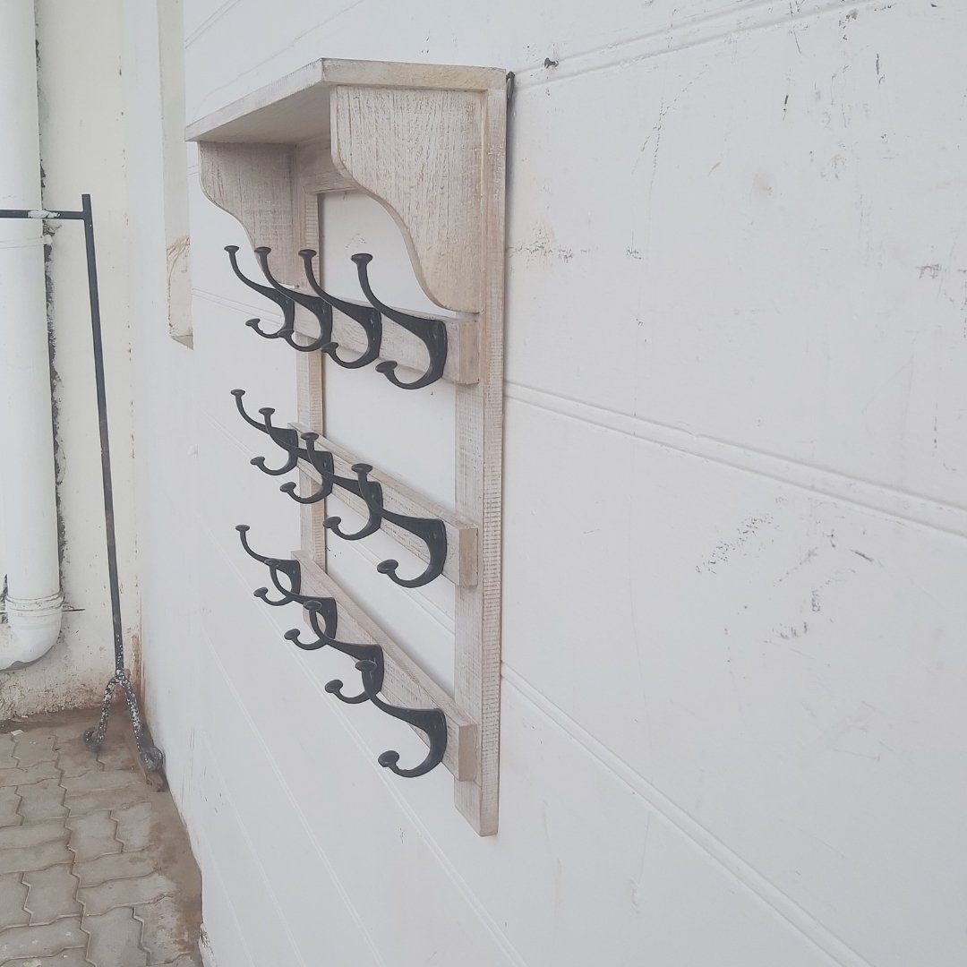Elisa Mango Wood Coat Rack Shelf Wall Mount 16 hooks - Rustic Furniture Outlet