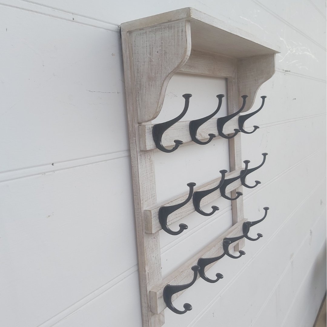 Elisa Mango Wood Coat Rack Shelf Wall Mount 16 hooks - Rustic Furniture Outlet