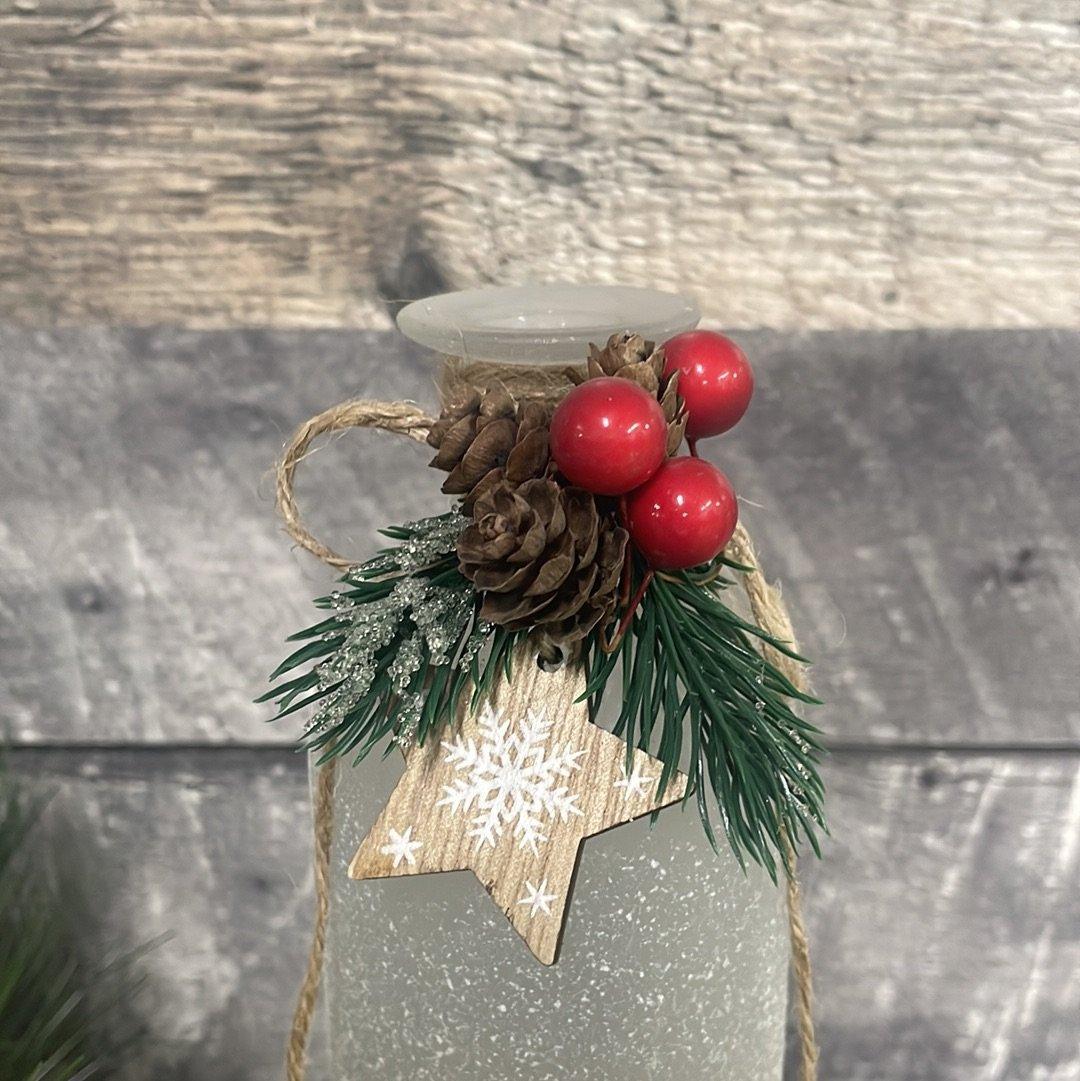Frosty Tall holiday jar with jute - Rustic Furniture Outlet