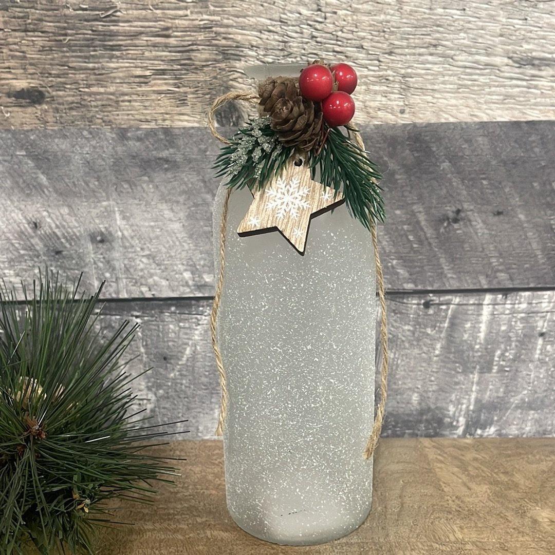 Frosty Tall holiday jar with jute - Rustic Furniture Outlet