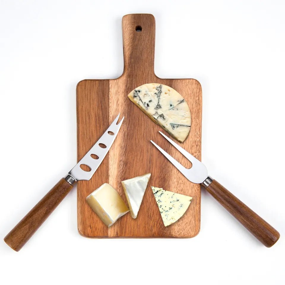 Gift Box Acacia Wood Cheese Cutting Board with Cheese Knife Set - Rustic Furniture Outlet