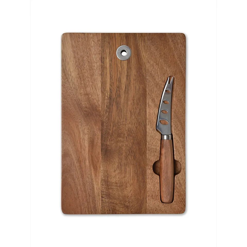 Planche à fromage ou à charcuterie suspendue en bois d'acacia et ensemble de couteaux - Rustic Furniture Outlet
