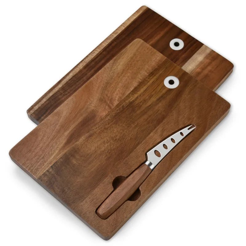 Planche à fromage ou à charcuterie suspendue en bois d'acacia et ensemble de couteaux - Rustic Furniture Outlet