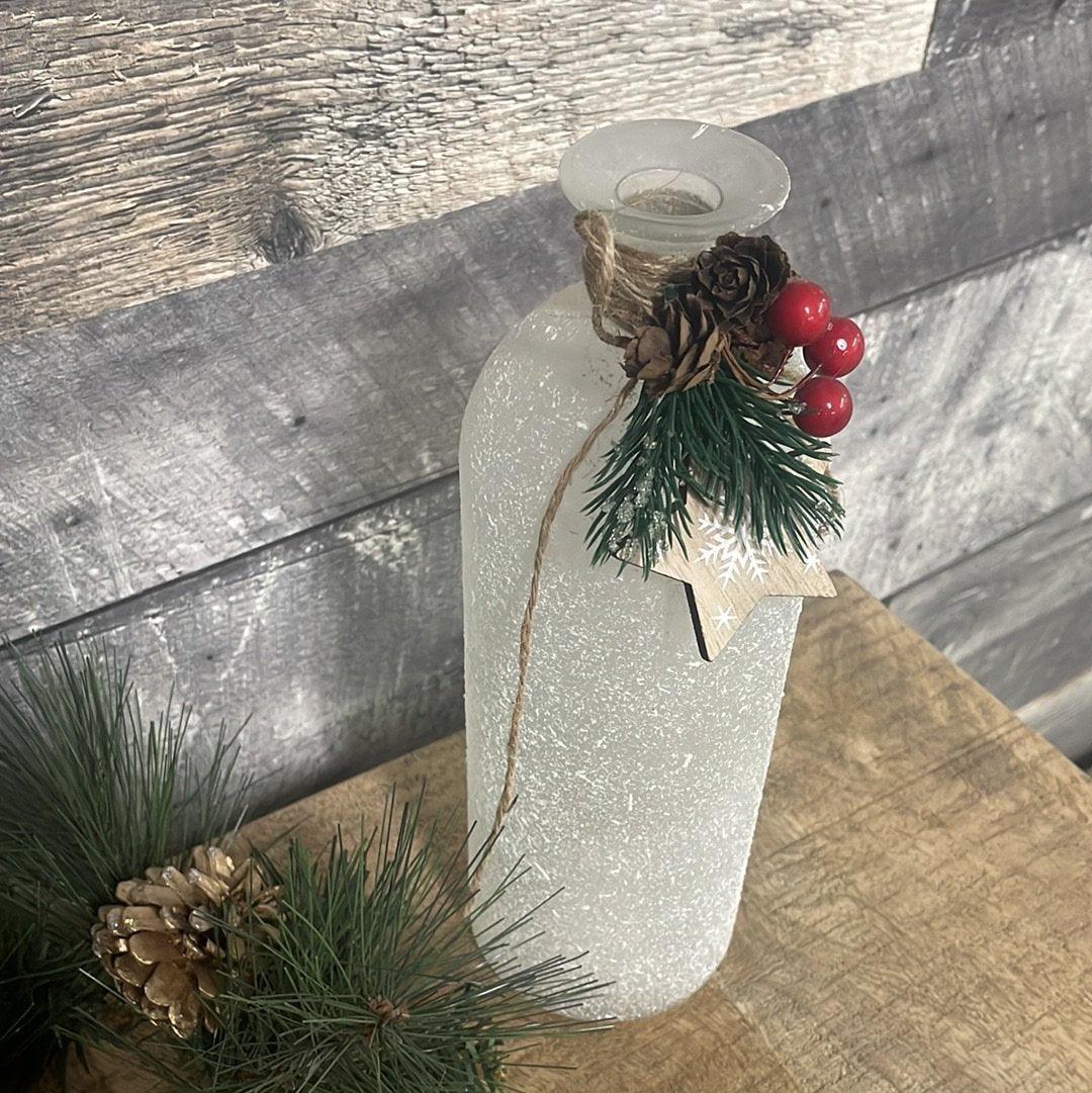 Large Frosty Tall holiday jar with jute - Rustic Furniture Outlet