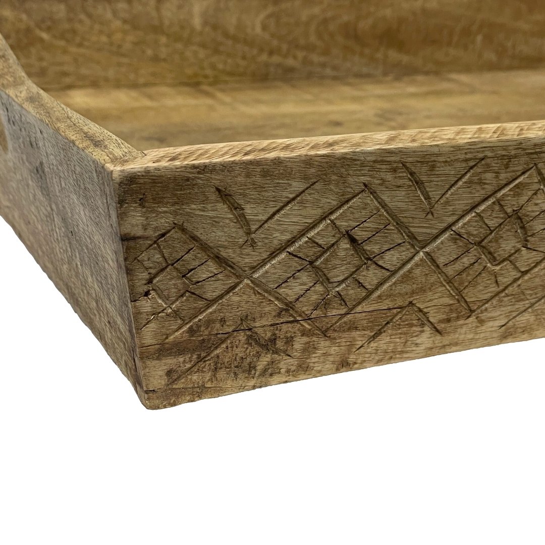 Grand présentoir en bois de manguier avec gravures - Rustic Furniture Outlet