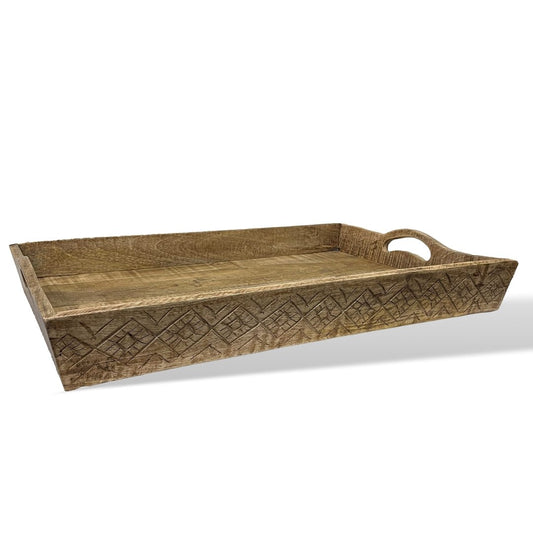Grand présentoir en bois de manguier avec gravures - Rustic Furniture Outlet