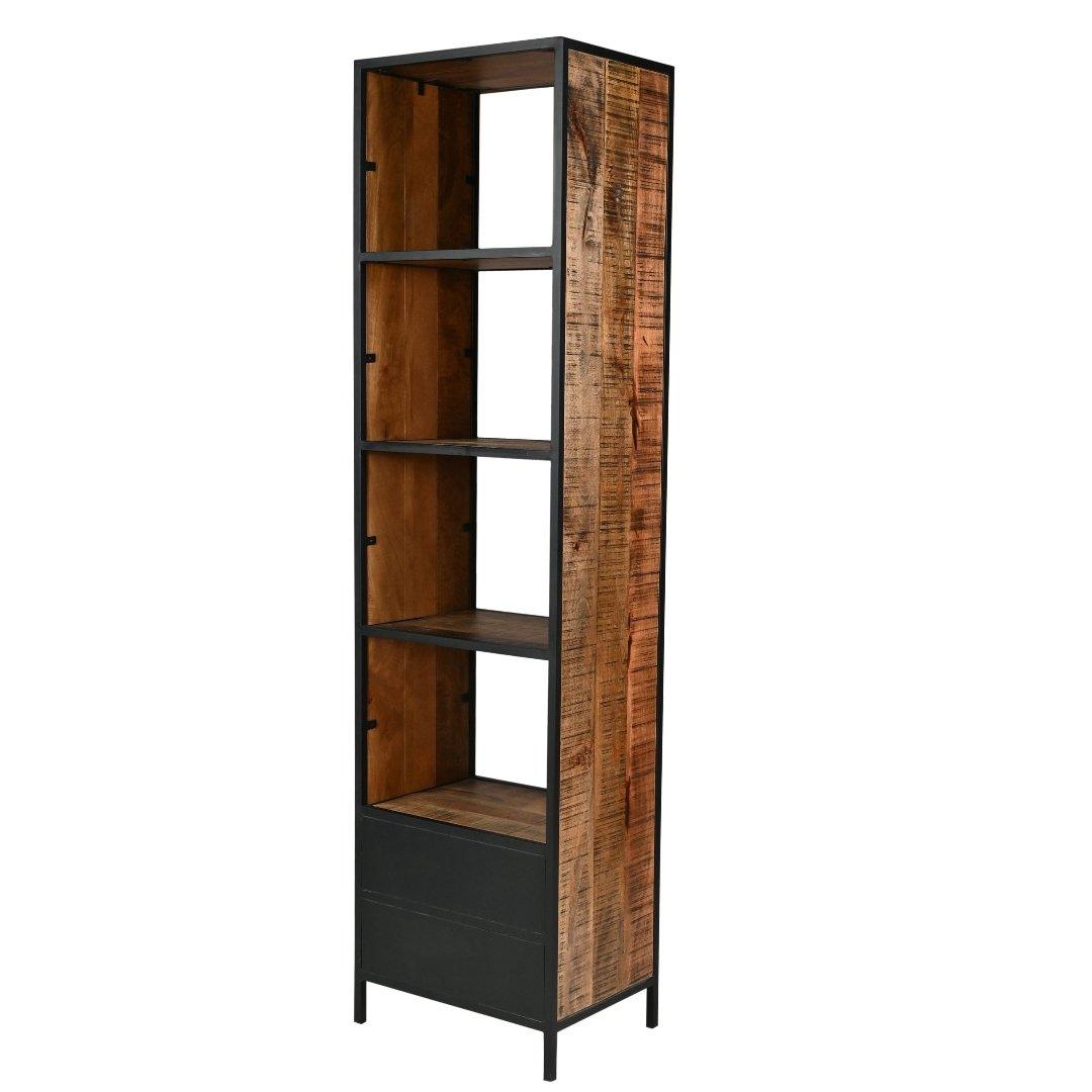 Madone Mango Wood Slim Bookcase with drawers - Rustic Furniture Outlet