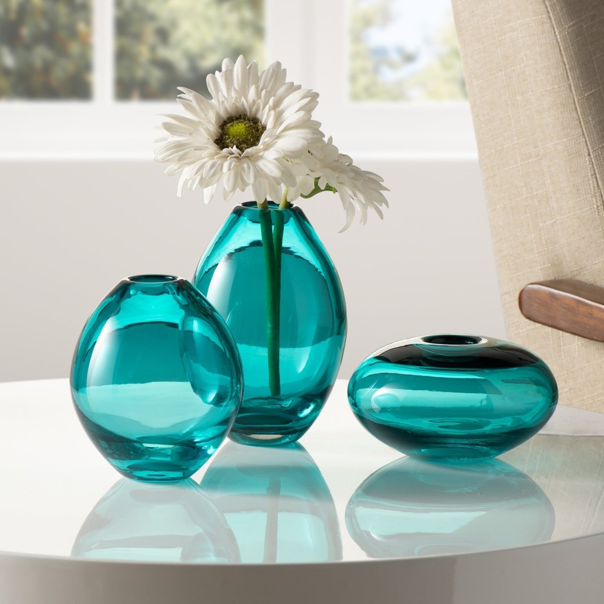 Mini Lustre Assorted 3 Piece Turquoise Glass Vase Set - Rustic Furniture Outlet