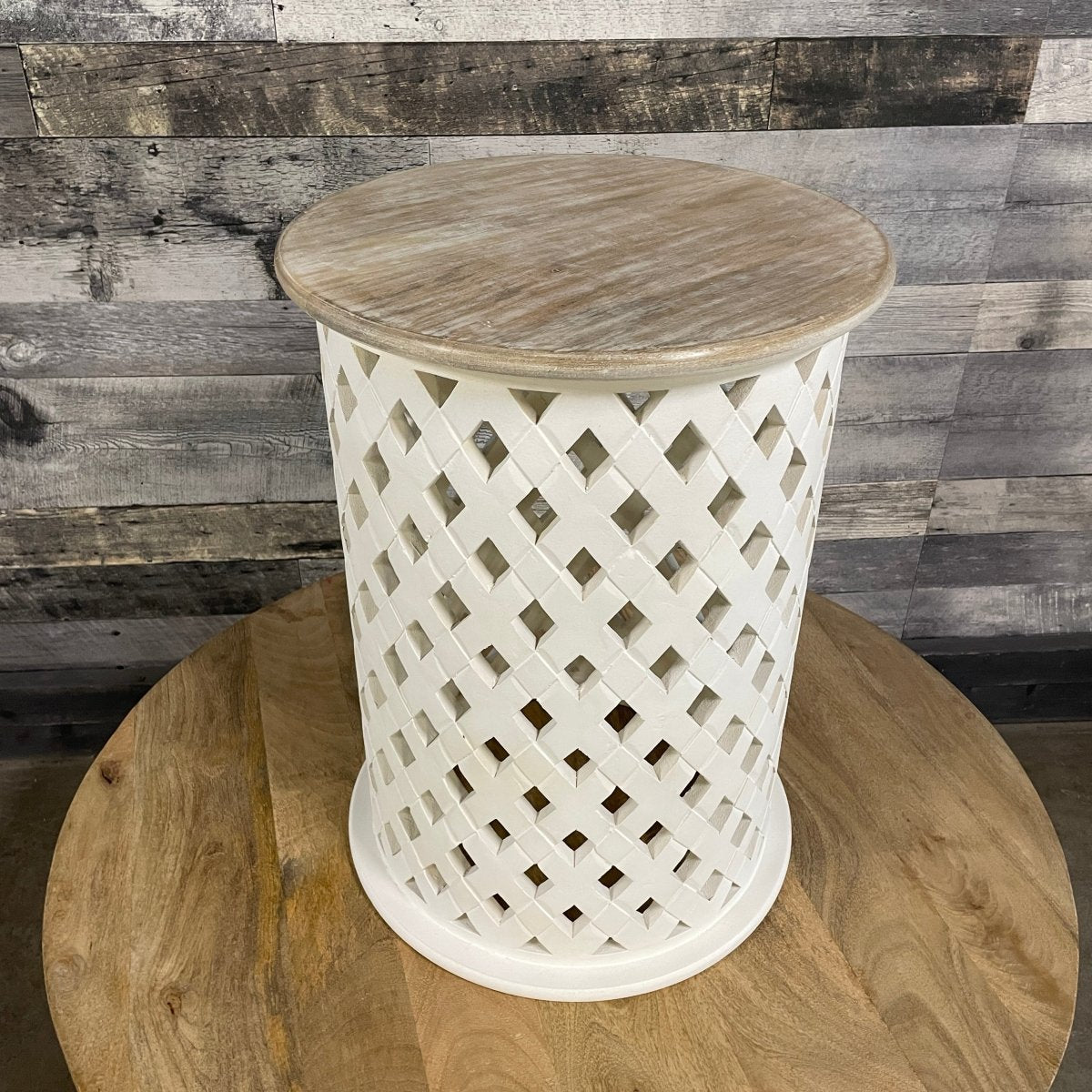 Montauk White mango wood round end table - Rustic Furniture Outlet