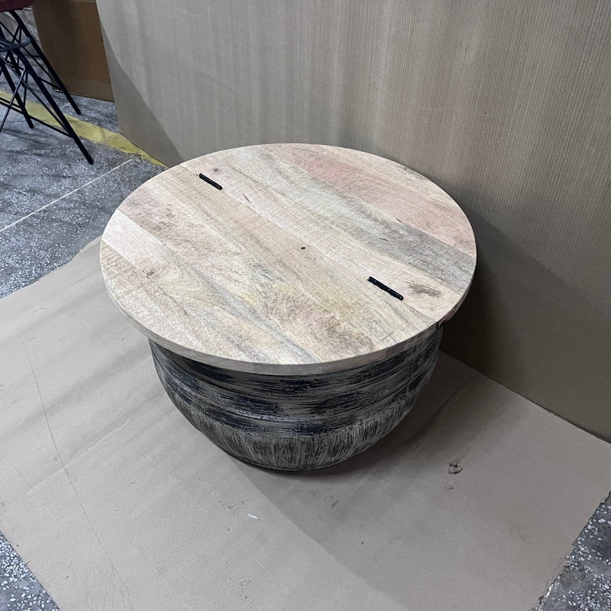 Nella Round white wash storage Coffee Table - Rustic Furniture Outlet