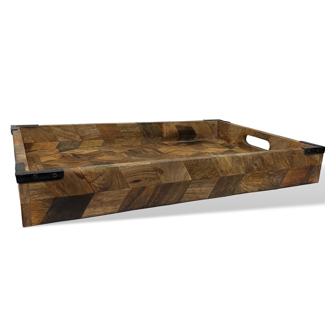 Rectangular mango wood tray with iron corner accents and handles - Rustic Furniture Outlet
