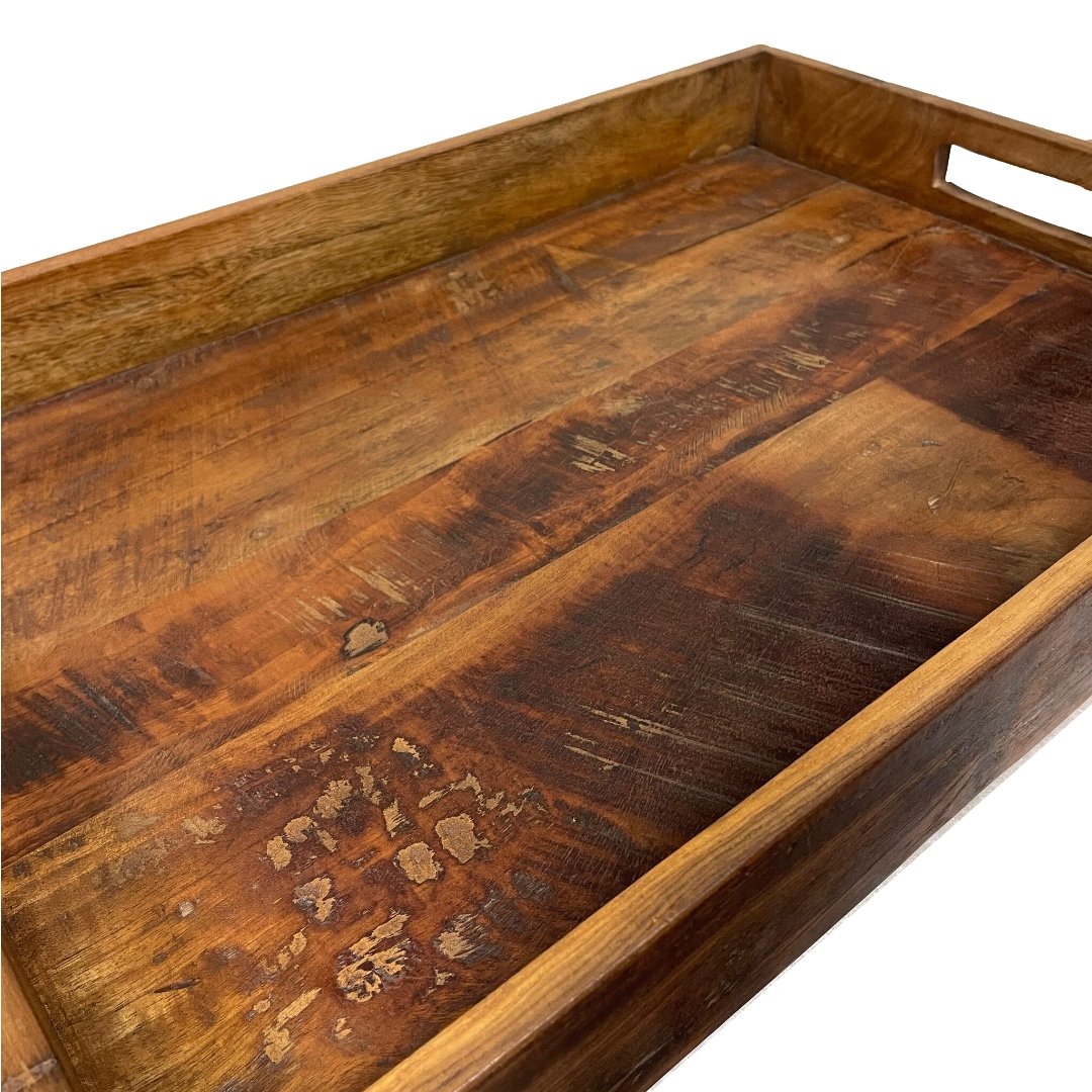 Plateau rectangulaire en bois de récupération avec poignées - Rustic Furniture Outlet