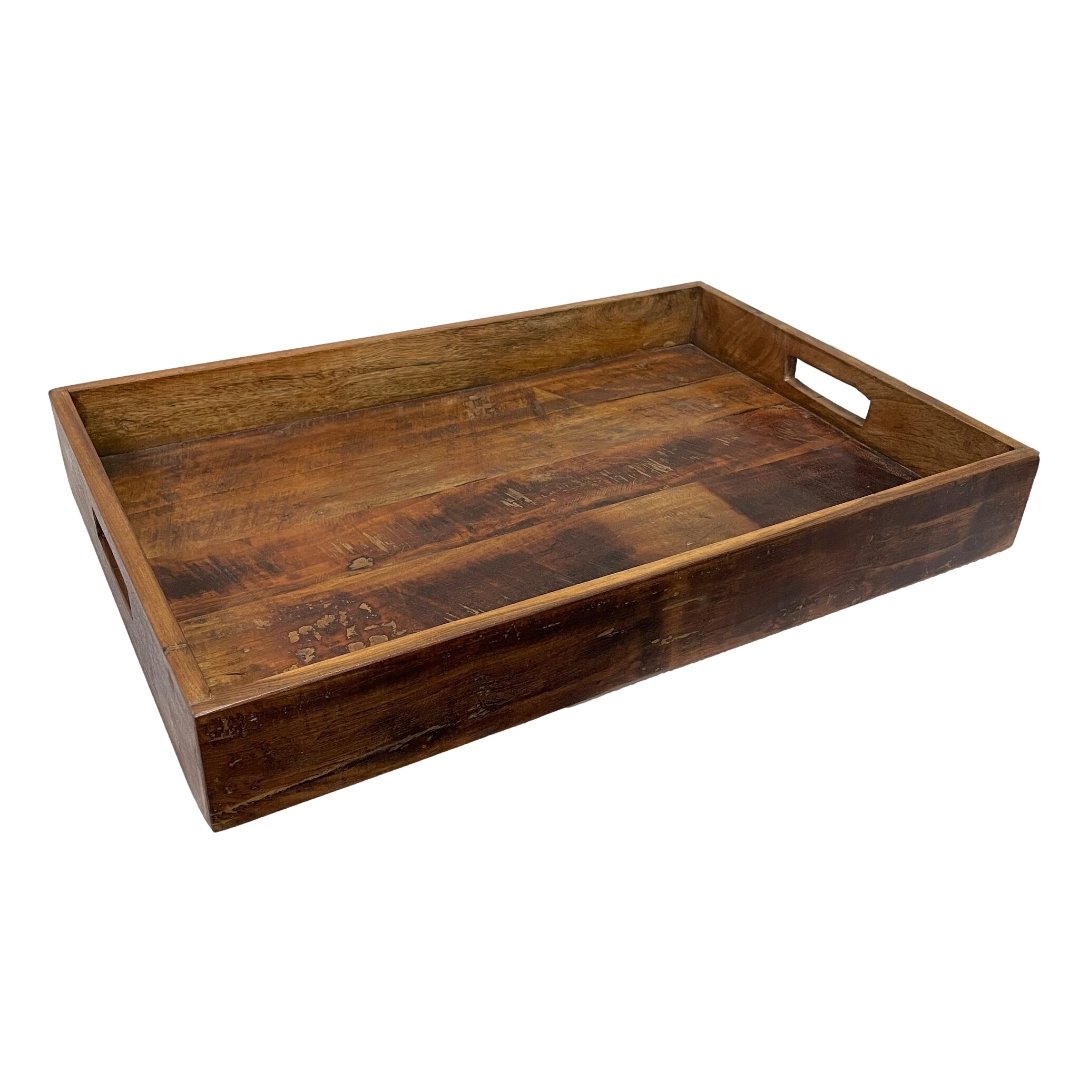 Rectangular reclaimed wood tray with handles - Rustic Furniture Outlet