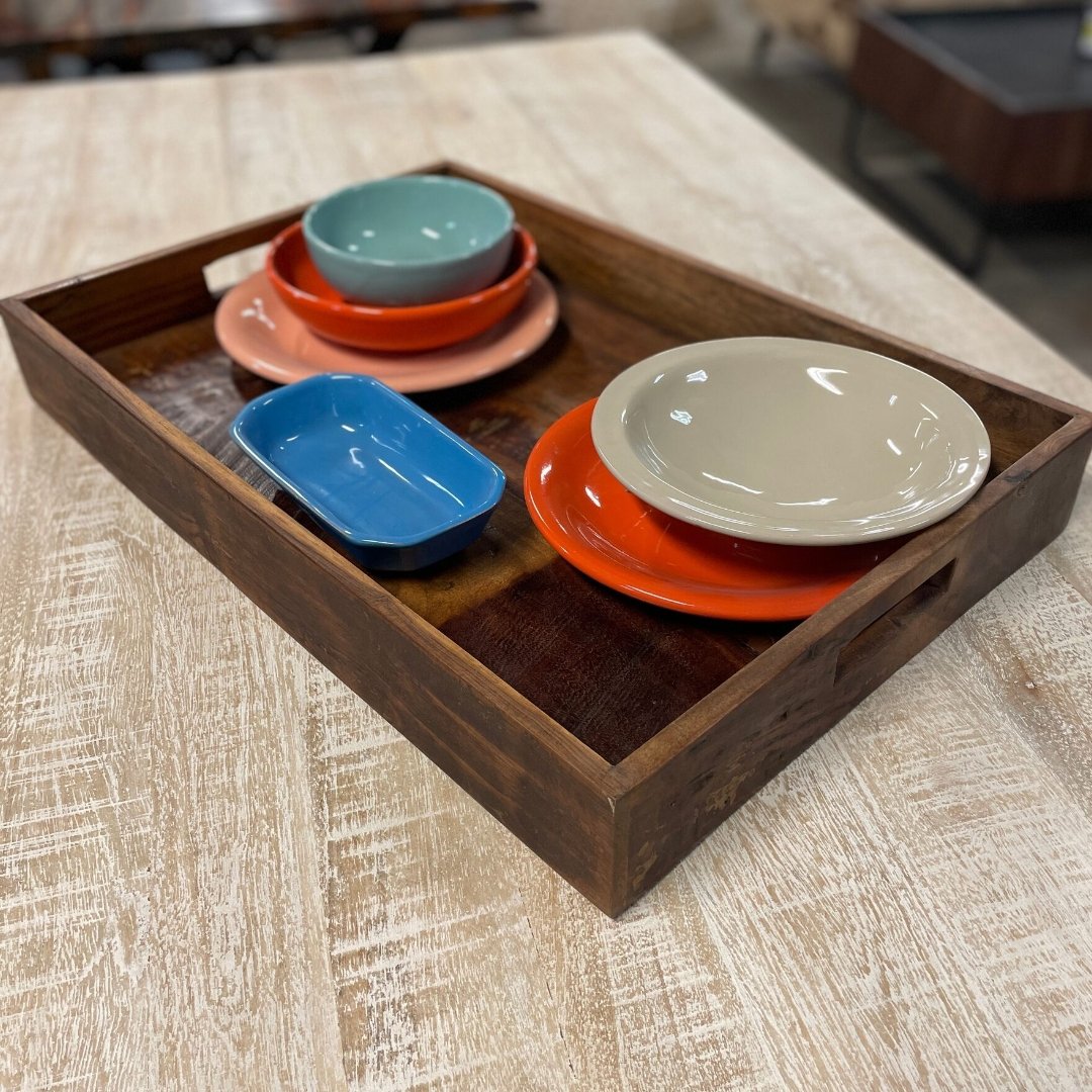 Plateau rectangulaire en bois de récupération avec poignées - Rustic Furniture Outlet