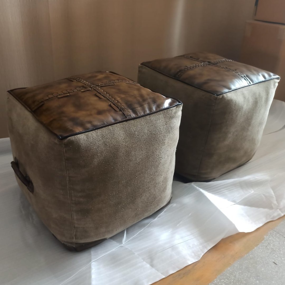 Recycled canvas and leather pouf handles - Rustic Furniture Outlet