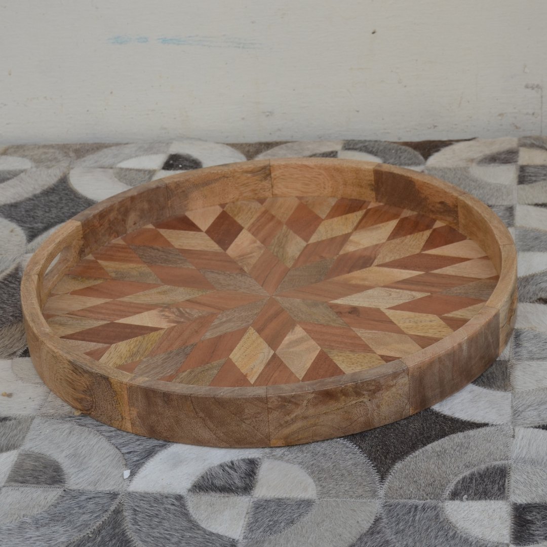 Round Chevron Mango wood Tray - Rustic Furniture Outlet
