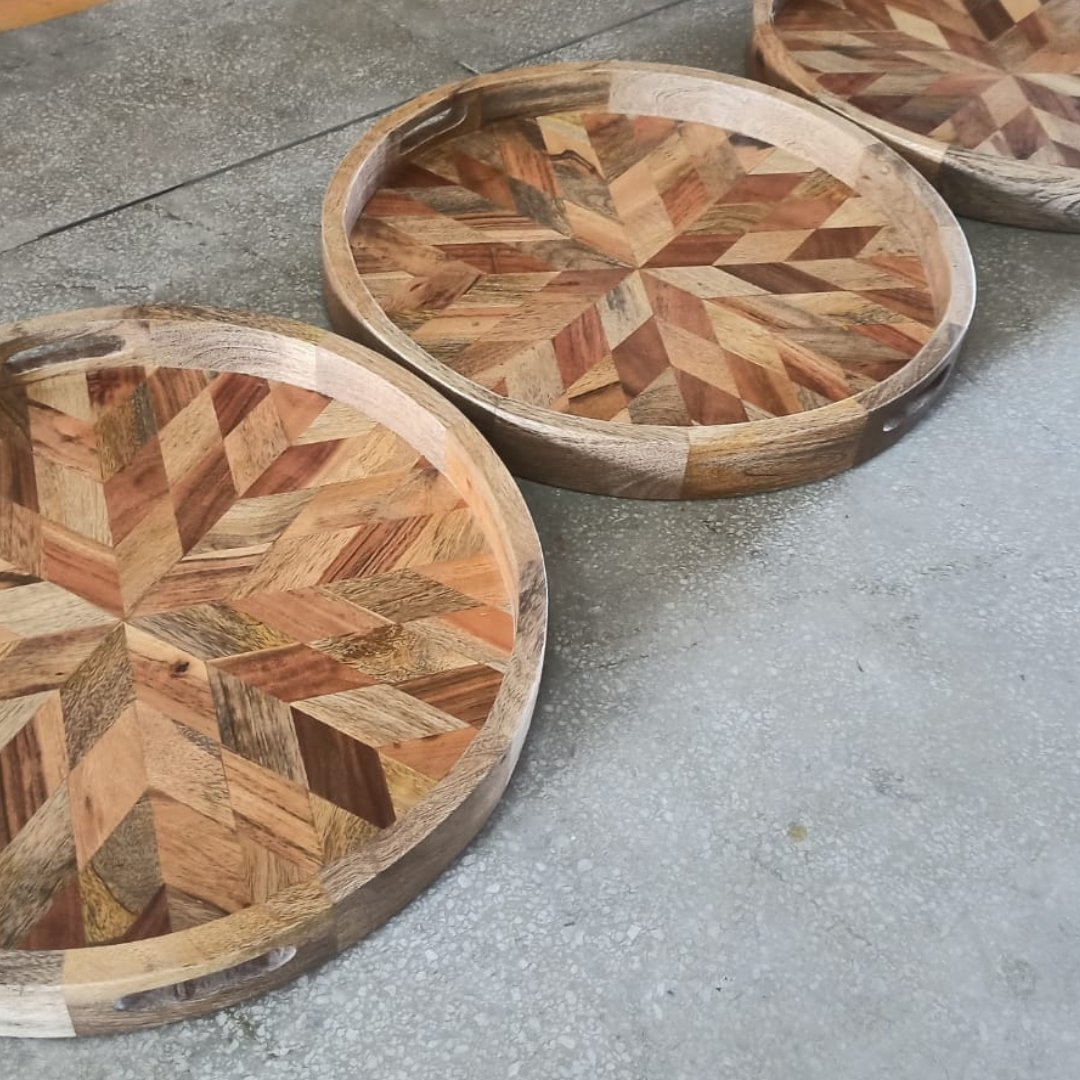 Round Chevron Mango wood Tray - Rustic Furniture Outlet