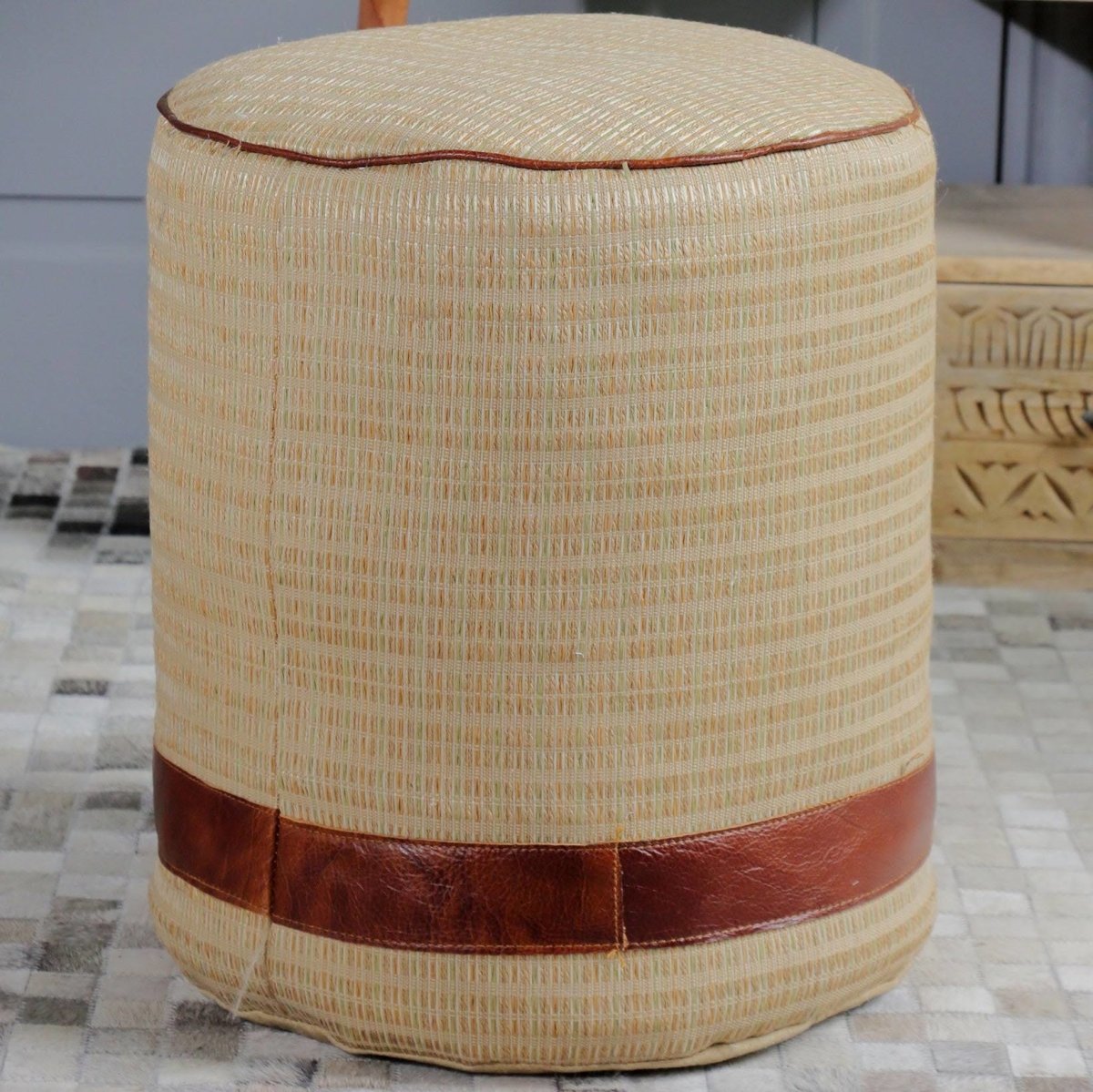 Sawana Woven Raffia Round Pouf With Leather Trim - Rustic Furniture Outlet