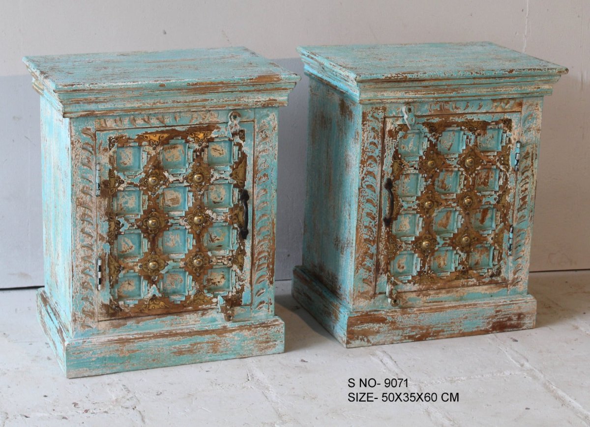 Ensemble de 2 table de nuit antique turquoise vieilli - Rustic Furniture Outlet