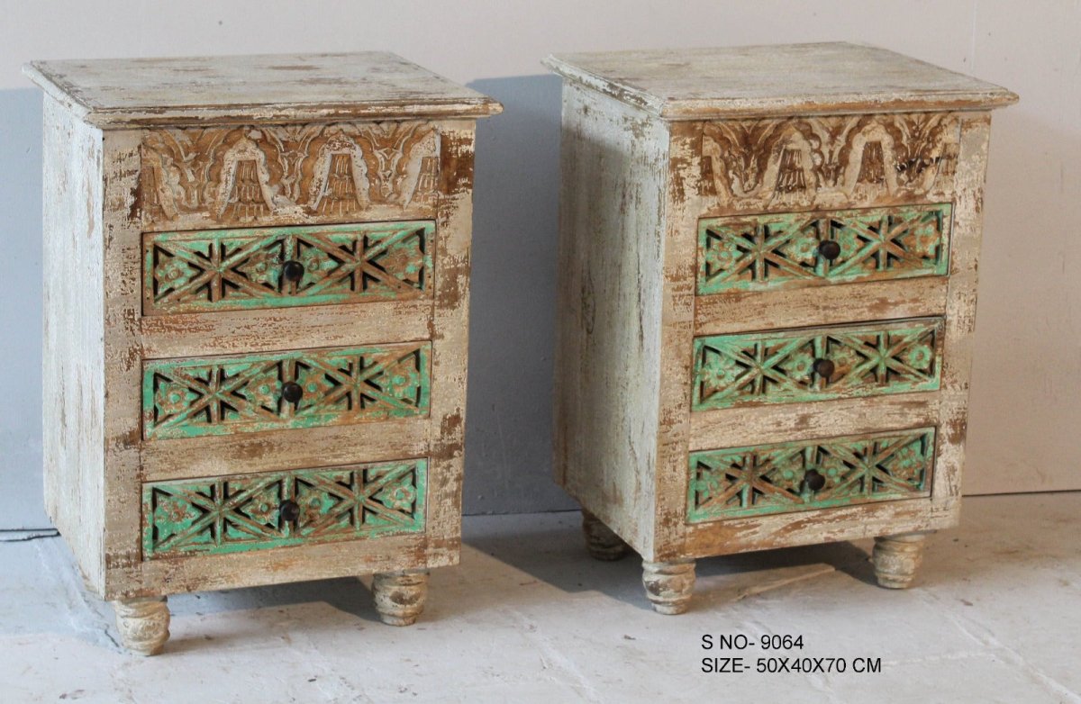 Set of 2 antique night stands with green accents - Rustic Furniture Outlet