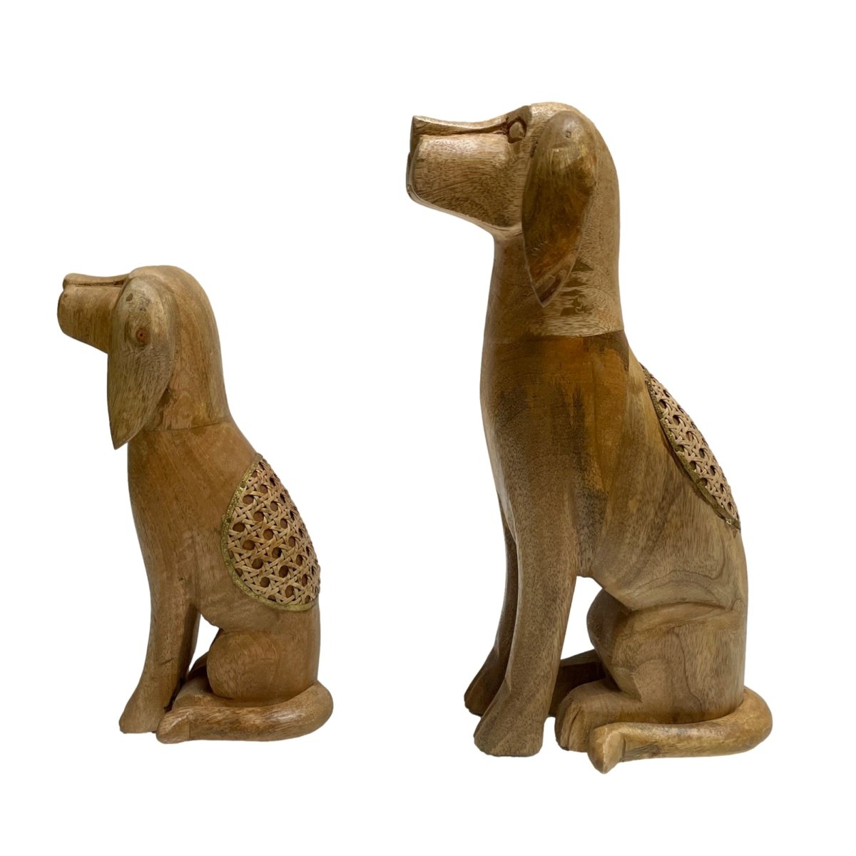 Ensemble de 2 sculptures artisanales en bois de manguier de chiens assis - Magasin de meubles rustiques