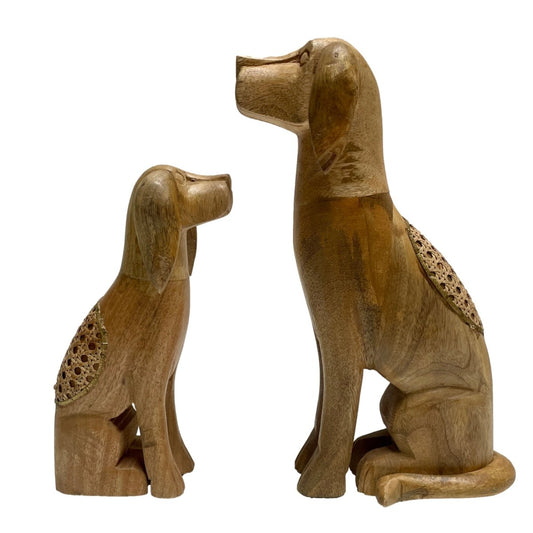 Ensemble de 2 sculptures artisanales en bois de manguier de chiens assis - Magasin de meubles rustiques