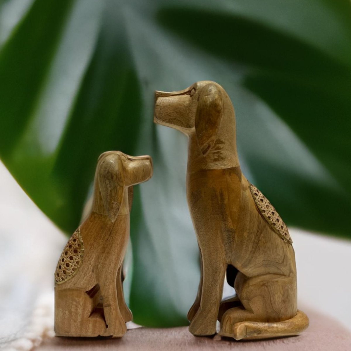 Set of 2 Sitting Dogs Artisan Crafted Mango Wood Sculptures - Rustic Furniture Outlet