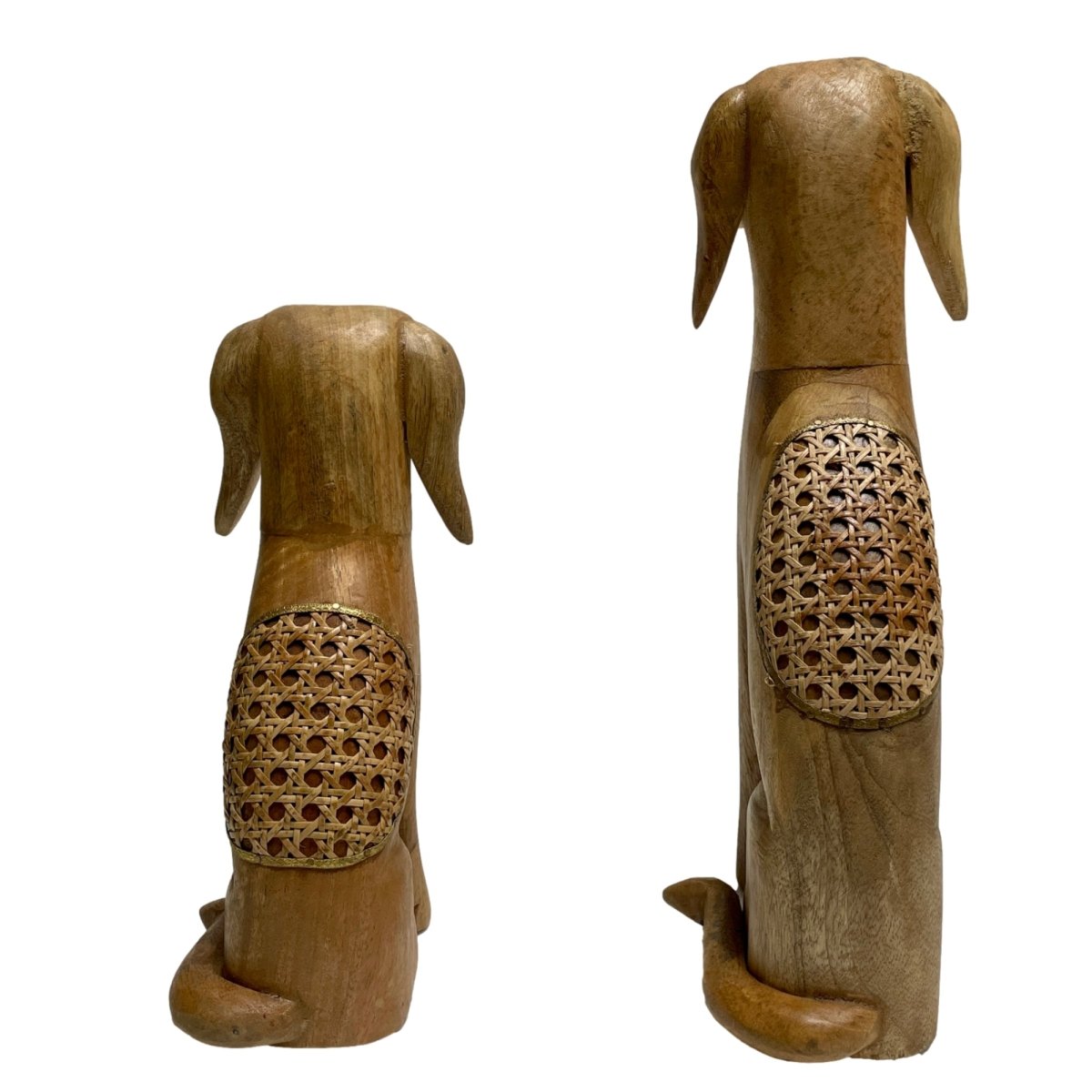 Ensemble de 2 sculptures artisanales en bois de manguier de chiens assis - Magasin de meubles rustiques