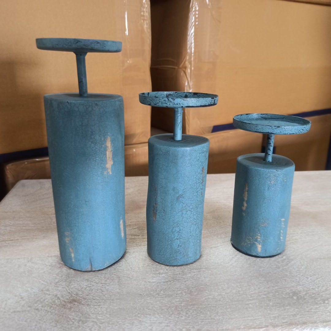 Set of 3 distressed turquoise Candle Holders - Rustic Furniture Outlet