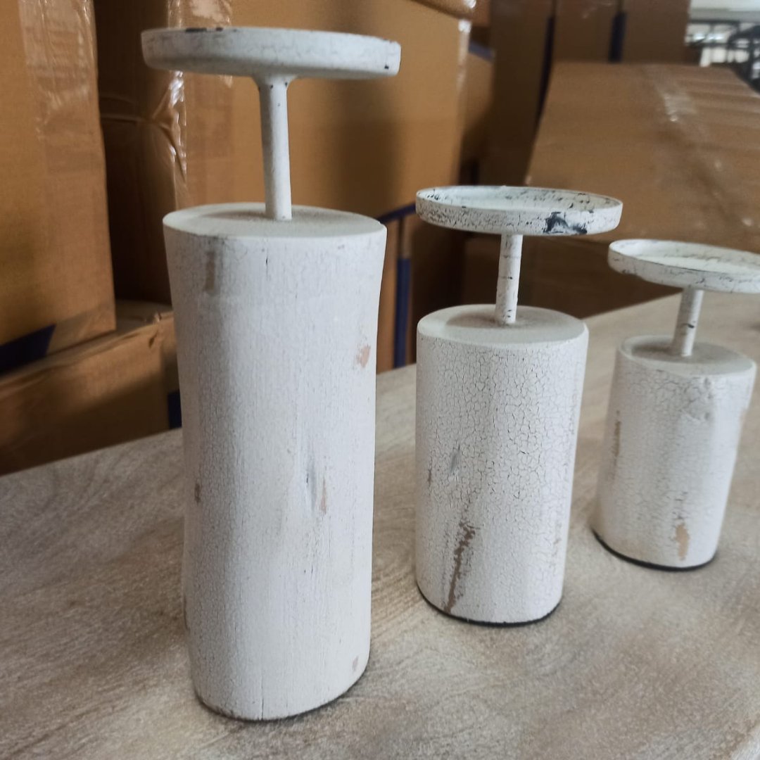 Set of 3 distressed White Candle Stands - Rustic Furniture Outlet