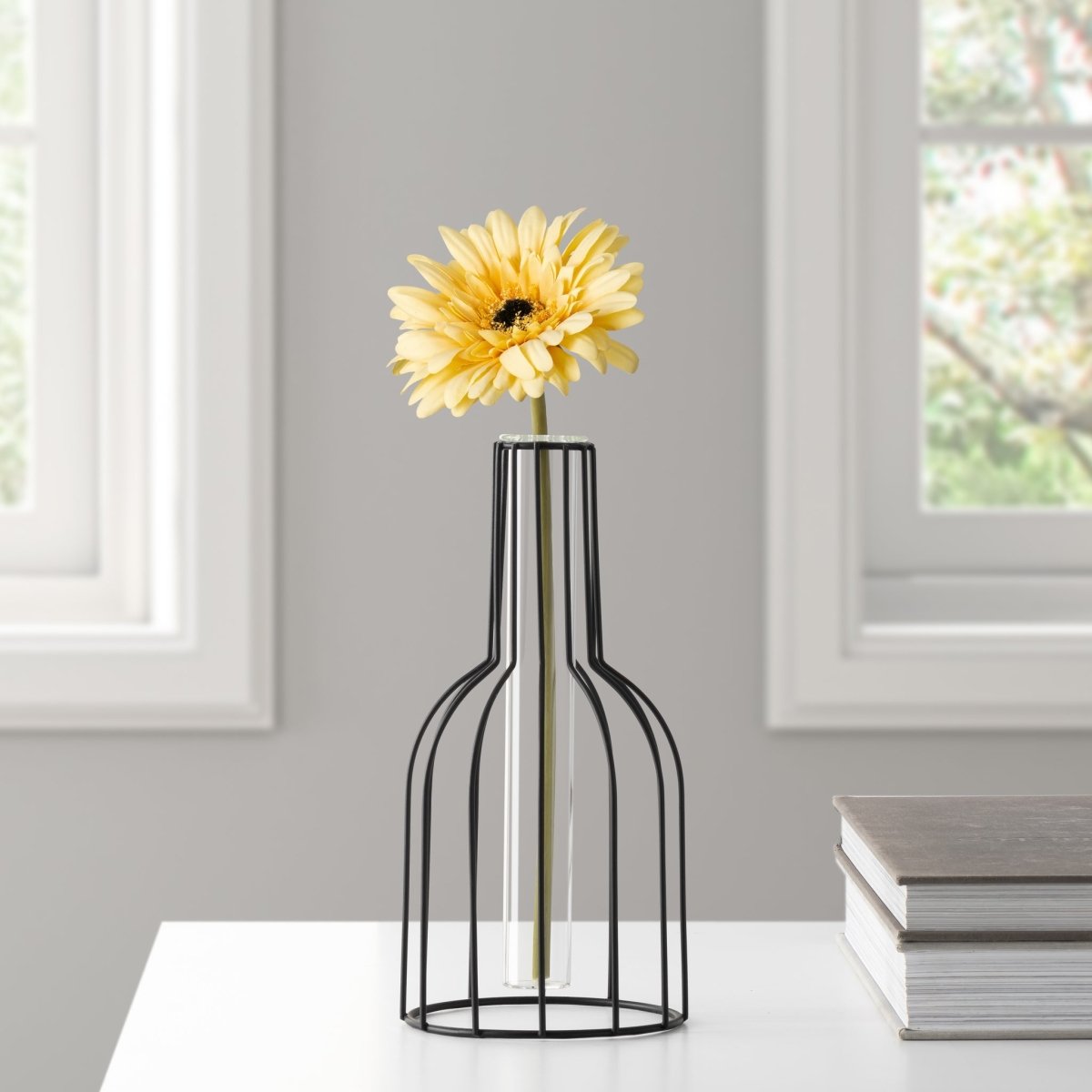 Short Black Wire Bottle Shape Pendant Hanging Tube Vase - Rustic Furniture Outlet