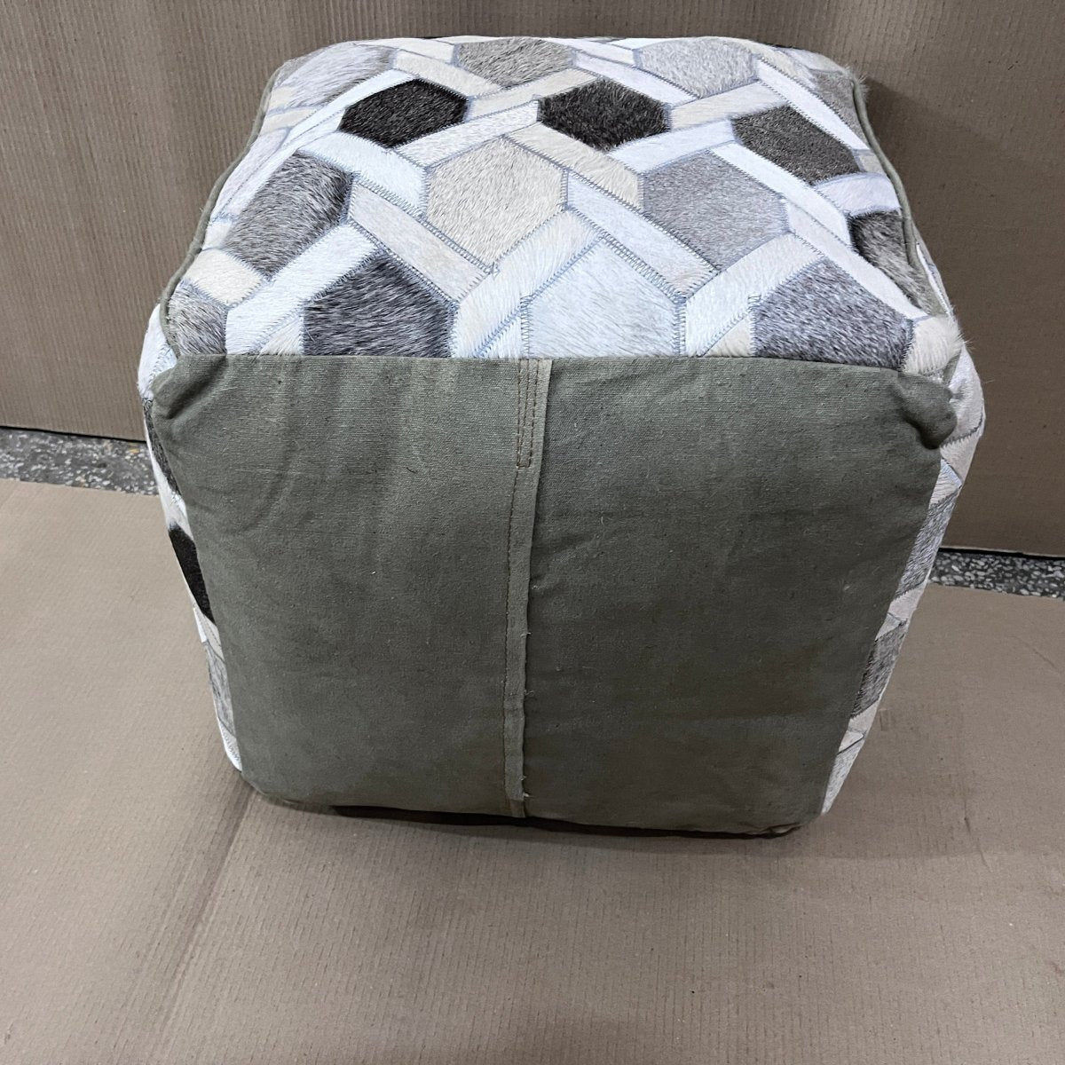 Silver/White Genuine Leather Cube pouf - Rustic Furniture Outlet
