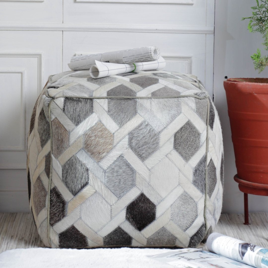 Pouf cube en cuir véritable argent/blanc - Rustic Furniture Outlet