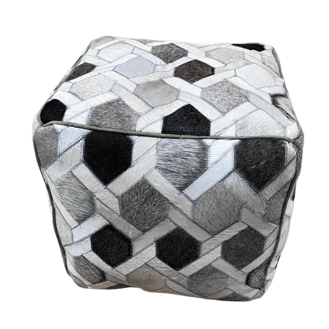 Pouf cube en cuir véritable argent/blanc - Rustic Furniture Outlet