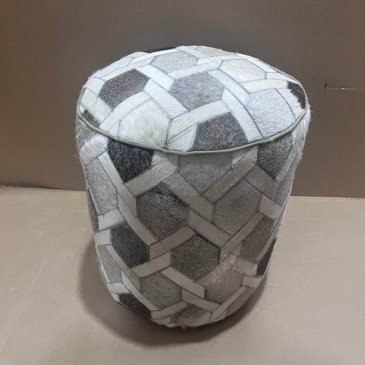 Silver/White Genuine Leather cyclinder pouf - Rustic Furniture Outlet