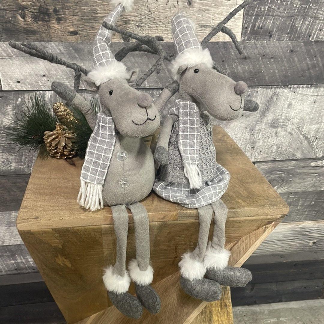 Small Standing grey Xmas plush reindeer dangly legs - Rustic Furniture Outlet