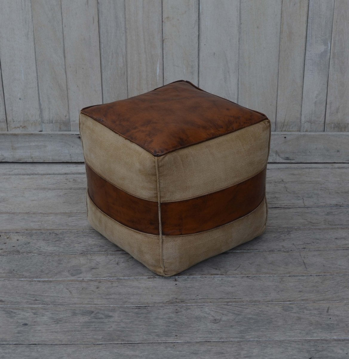 Square leather and canvas pouf - Rustic Furniture Outlet