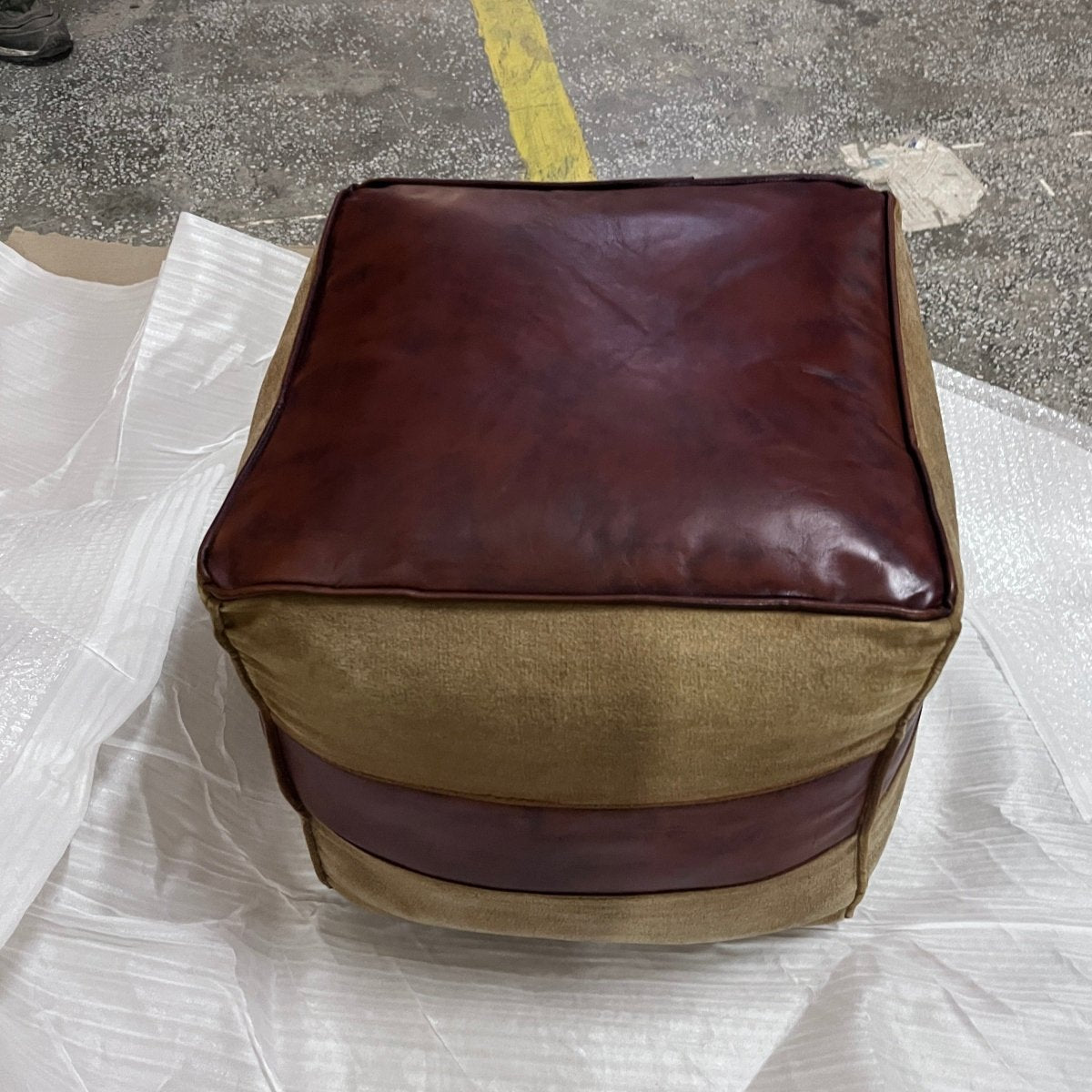 Square leather and canvas pouf - Rustic Furniture Outlet