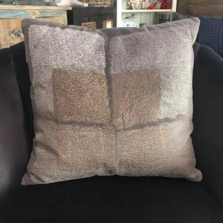 Taupe velvet window embroidered pillow 18 x 18 - Rustic Furniture Outlet