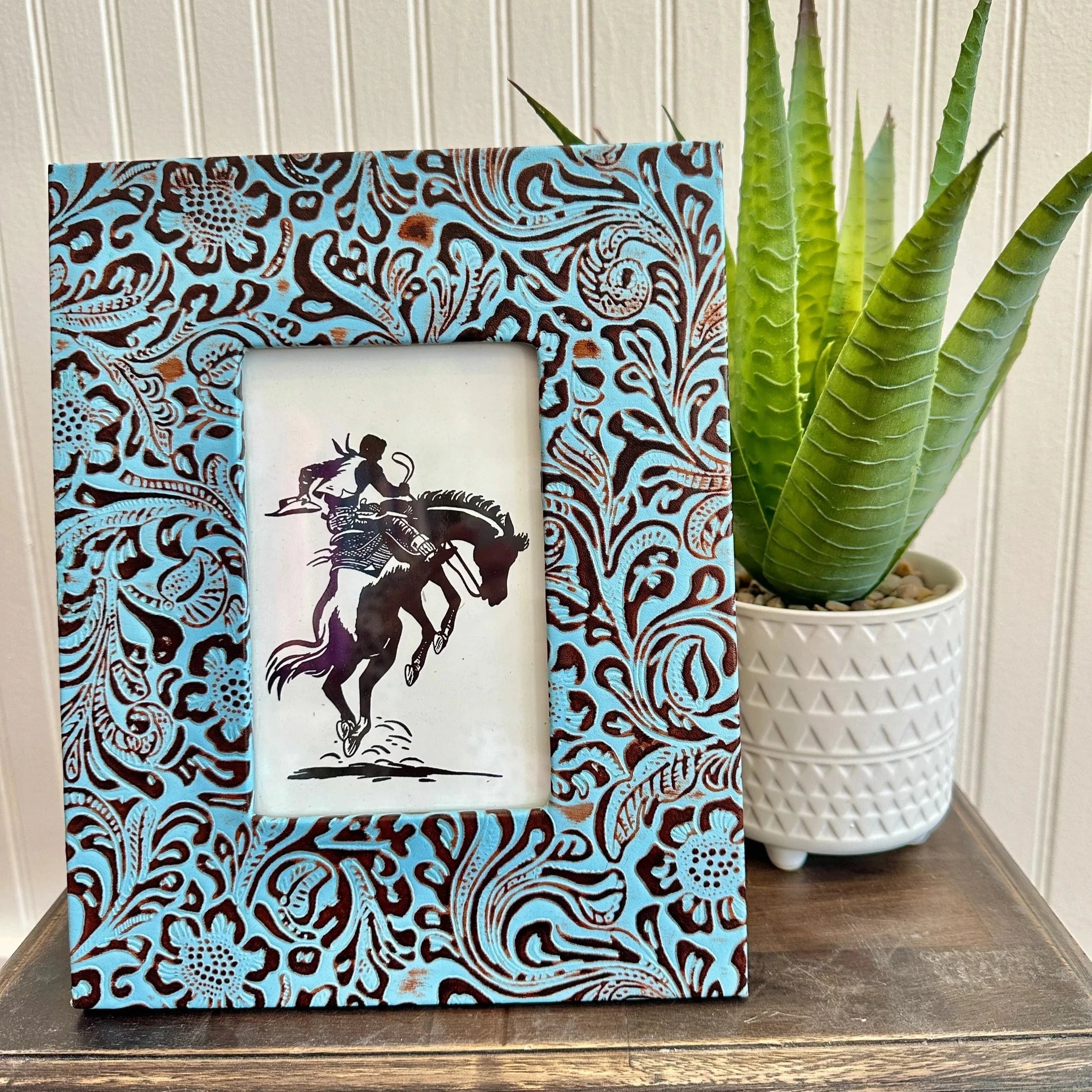 Turquoise leather embossed photo Frame - Rustic Furniture Outlet